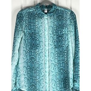 Old Navy Womens Teal Blue Snakeskin Print Button Down Shirt Blouse Small S/P
